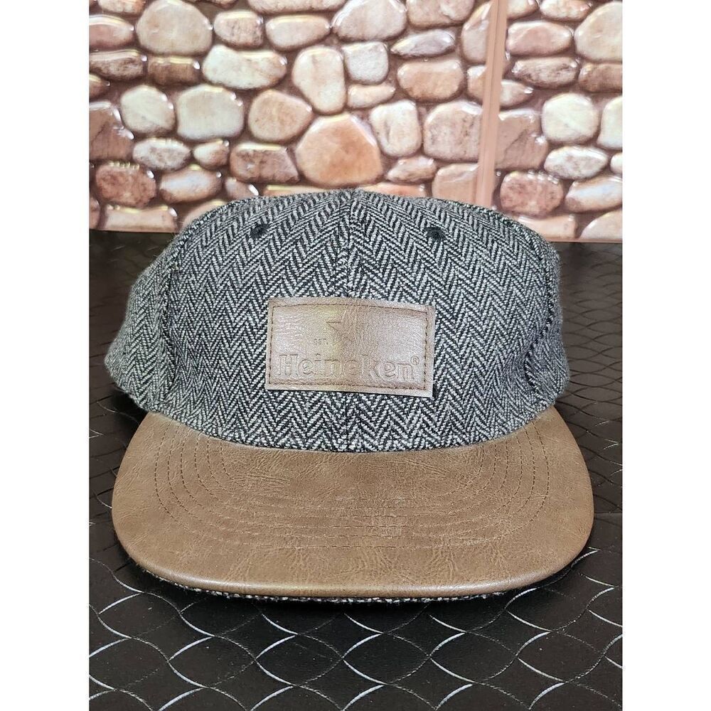 Heineken Leather Brimmed Herringbone Baseball Hat Cap Adjustable Strap Back